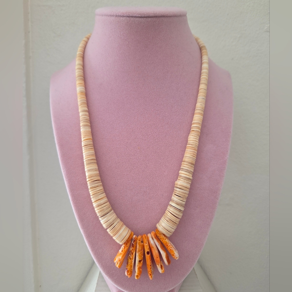 Melon Heishi Shell & Orange Spiny Oyster Necklace Boho Beachy Southwestern